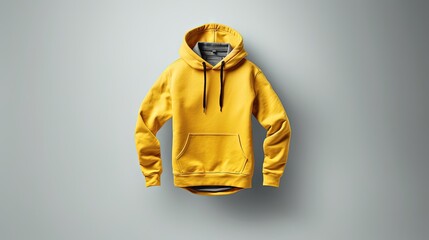 Poster - Mockup Yellow men's hoodie, blue jeans, black sneakers flying on light gray background. Template blank isolated clothes. Isolate Men's clothing for logo, design, advertising, print. Creative clothing