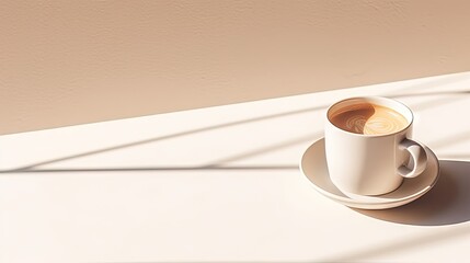 Poster - Cup of coffee on a beige table, empty white wall with natural sunlight shadows, aesthetic minimalist business branding background, copy space