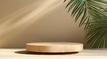 Sticker - Wooden round smooth grain podium table, curved, green tropical palm tree in sunlight, leaf shadow on blank beige wall for luxury organic cosmetic, skincare, beauty product background 3D