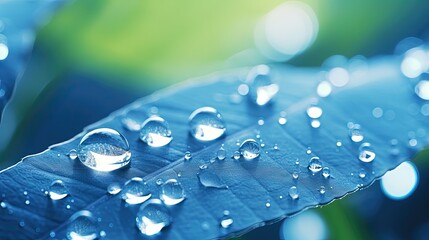 Aufkleber - Water droplets on leaf in nature, macro. Many drops of morning dew sparkle in sunlight, toning in blue coror.