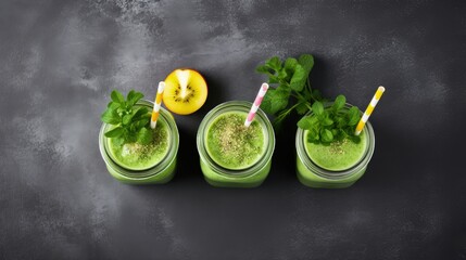 Wall Mural - Variety of three color green spinach kale apple yogurt smoothie in mason jars with retro cocktail tubes and ingredients above over gray texture background. Healthy vegan detox eating. Top view, space