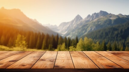 Aufkleber - Wooden table background of free space for your decoration and blurred background of camping in mountains.