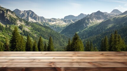 Poster - Wooden table background of free space for your decoration and blurred background of camping in mountains.