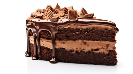 Poster - Cut Piece of Vegan Chocolate Cake with Peanut Butter Filling, Covered with Chocolate Cream on a White Background