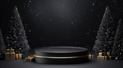 Leinwandbilder - Black podium for Christmas display on black background. Realistic black pedestal on Christmas background. Dark background.
