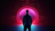 man looking into keyhole. non disclosure agreement, spying or information security concept in red and blue neon gradients