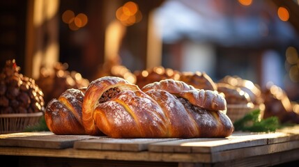 Aufkleber - Shallow depth of field (selective focus) image with traditional Romanian winter holidays and easter baked sweet bread dessert named cozonac for sale in an outdoors market in Bucharest, Romania.