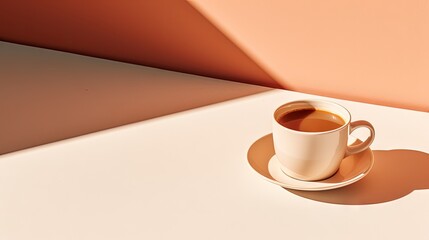 Poster - Cup of coffee on a beige table, empty white wall with natural sunlight shadows, aesthetic minimalist business branding background, copy space
