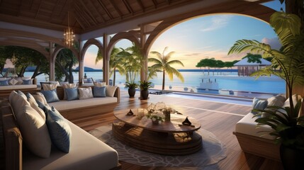 Poster - Tropical luxury villa interior, living room with sea view veranda