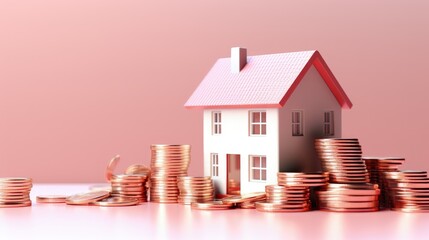 Poster - Coins stack and home on pink pastel background. Business loans for real estate concept. residential finance economy. home property investment. Saving money, working capital. 3D rendering illustration