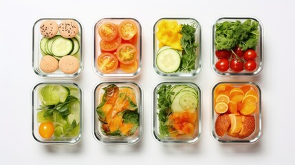 Aufkleber - Healthy food in glass lunch boxes on white background close up, top view.