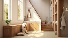 Pet Friendly Scandinavian White And Wooden Mudroom, Laundry Room, Space With Dog Shower Bath With Ladder, Dog Bed And Carpet, Treat Bowl, Window With Bench. Interior Design Concept, 3d Illustration