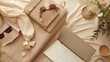 © HN Works - Aesthetic luxury fashion boutique branding composition. Elegant boho women's, lady boss workspace with laptop computer and stationery on neutral beige muslin linen. Flat lay, top view