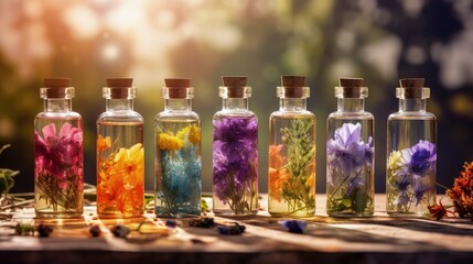 Poster - Different wildflowers bottle natural rustic background. Ayurveda Alternative Medicine Spa Wellness Herbal Health Wellbeing Aromatic Aromatherapy Phytotherapy Homeopathy Pharmacy Body Care Concept