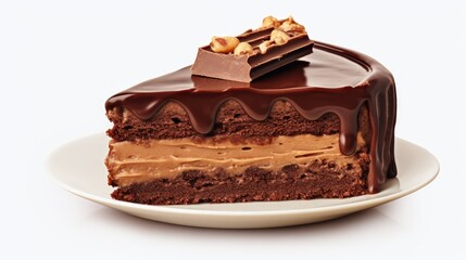 Poster - Cut Piece of Vegan Chocolate Cake with Peanut Butter Filling, Covered with Chocolate Cream on a White Background