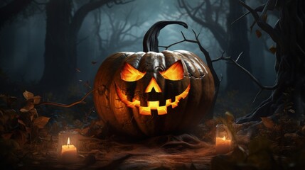 Poster - Halloween pumpkin. Scary pumpkin on table. Halloween background. Pumpkins in forest