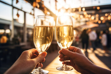 Male and female holds in hands glasses of champagne toast. Celebrating new opportunities and business success. Corporate pary.