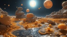  A Weird Space Scene With A Yellow And Orange Planet And Five Moons. The Planet Has Strange Mushrooms 