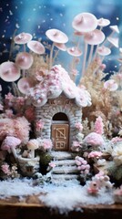 Wall Mural - A miniature fairy house with pink flowers and mushrooms