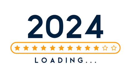 Happy new year 2024 numbers with loading bar new year 2023 to 2024 with stars on white background. progress bar with stars with idea being process, strategy, planning concept simple flat design