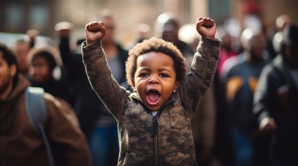 A black child raising a powerful fist. Symbolizing the spirit of protest