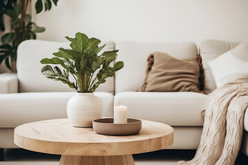 Wall Mural - Minimal living room with Round wooden coffee table near sofa close-up. Natural interior decor and biophilic design