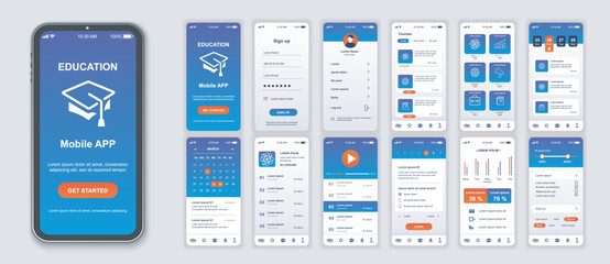 Aufkleber - Education mobile app interface screens template set. Online account, courses, lessons list, university platform, progress statistic. Pack of UI, UX, GUI kit for application web layout. Vector design.