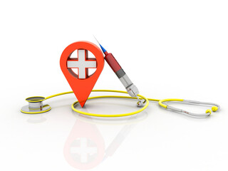 Poster - 3d rendering hospital navigation with Syringe and Stethoscope
