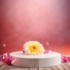 white podium with gerbera flower on red background