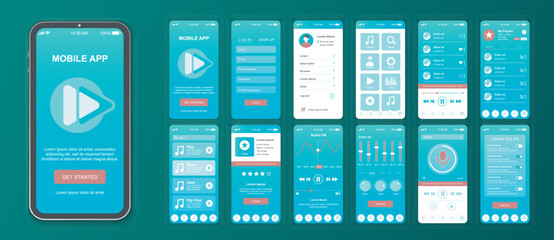Wall Mural - Music mobile app interface screens template set. Online account, playlist, song rating, audio play, equalizer settings, broadcasting. Pack of UI, UX, GUI kit for application web layout. Vector design.