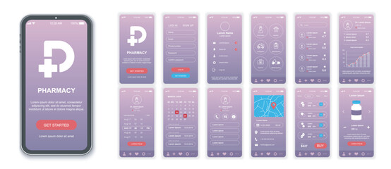 Fototapete - Pharmacy mobile app interface screens template set. Online account, medical service, visit doctor, consultation, drugs ordering. Pack of UI, UX, GUI kit for application web layout. Vector design.