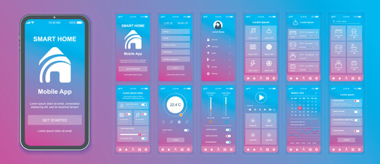 Wall Mural - Smart home mobile app interface screens template set. Online account, monitoring thermostat and electricity, automation management. Pack of UI, UX, GUI kit for application web layout. Vector design.