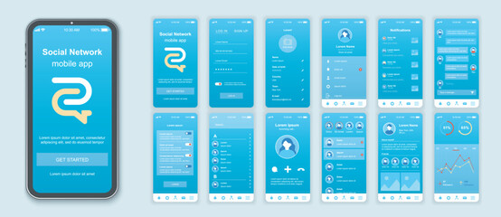 Aufkleber - Social network mobile app interface screens template set. Online account, profile info, friends list, chat, settings, statistics. Pack of UI, UX, GUI kit for application web layout. Vector design.