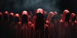 A mesmerizing scene of people in vibrant red cloaks with hoods, gathered in a mysterious and enigmatic setting. The dramatic atmosphere, rich in symbolism, evokes a sense of secrecy and intrigue.