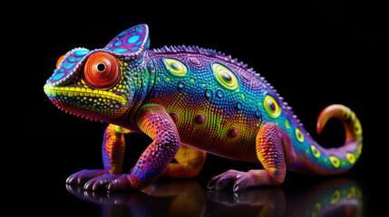 Glowing Psychedelic Chameleon Figurine With Bright Colors, Hyper Realistic Bioluminescent Chamelon Figurine Toy Animal. Psychedelic Toy Animal. Generative AI