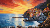 Fototapeta Big Ben - oil painting on canvas, sea view of Cinque Terre. Artwork. Big ben. man and woman on the beach as sunset. Tree. Italy