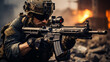 Special forces soldier in black uniform with machine gun on fire background. Military, army and war concept.