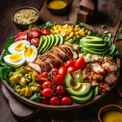 Cobb salad. Classic American salad with tomato, bacon, grilled chicken, eggs, avocado