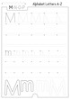 Handwriting and tracing practice for letter M uppercase and lowercase. Tracing practice page. Developing writing skills. Lined worksheet for kids workbook. Black and white Vector illustration.