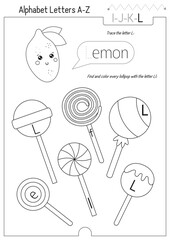 Letter Trace, find and color Worksheet for Kids Activity Book. For Letter L. Preschool activities for toddler and teacher. Black and white Vector printable page