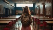 © Natalia - A girl with a backpack walks through a school classroom. Generative AI.