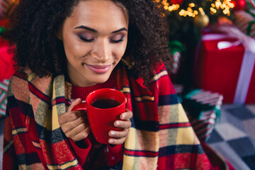 Sticker - Photo of dreamy cute girl with closed eyes drinking hot delicious cacao spending weekend day home alone cozy time indoors