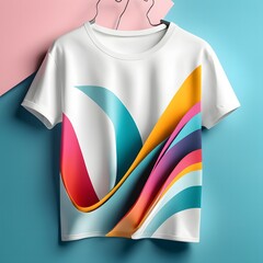 Wall Mural - T-shirt mockup with colorful stripes on blue and pink background