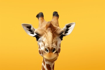 Poster - A detailed view of a giraffe's face against a vibrant yellow background. This image can be used to depict the unique features of a giraffe or to add a pop of color to any design.
