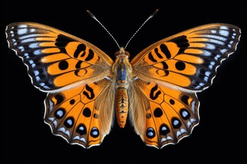 Poster - A close-up photograph of a vibrant butterfly against a black background. Perfect for nature enthusiasts and those looking to add a touch of beauty to their designs.