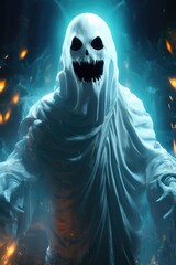 Poster - A picture of a scary looking ghost with a glowing face. Can be used to create a spooky atmosphere or for Halloween-themed designs.