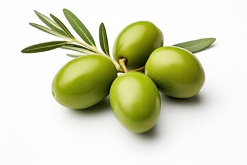 Poster - A bunch of green olives with leaves on a white background. Perfect for food and culinary-related designs.