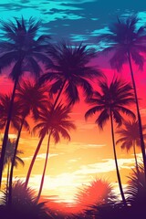 Aufkleber - A beautiful sunset scene with palm trees silhouetted against a colorful sky. This image can be used to capture the serenity and natural beauty of a tropical paradise
