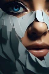 Aufkleber - A close-up view of a woman's face with torn paper. This image can be used to depict emotions, inner struggles, or as a metaphor for personal growth and transformation