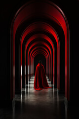 Wall Mural - Person in red cloak is walking through hallway.